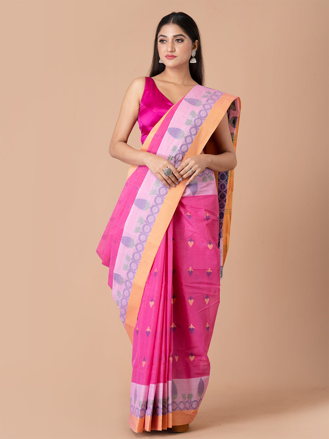 Pink & Blue pure cotton woven design taant saree