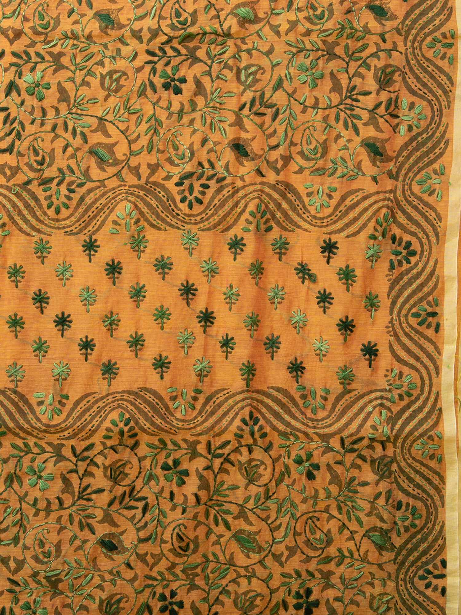 Laa Calcutta Mustard & Green Chanderi silk printed pattterns hand woven embroidered kantha stitch saree for women