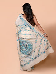 Laa Calcutta White & Sea Green Chanderi silk hand woven embroidered kantha stitch saree for women