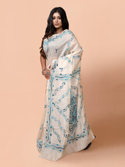 Laa Calcutta White & Sea Green Chanderi silk hand woven embroidered kantha stitch saree for women