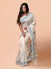 Laa Calcutta White & Sea Green Chanderi silk hand woven embroidered kantha stitch saree for women