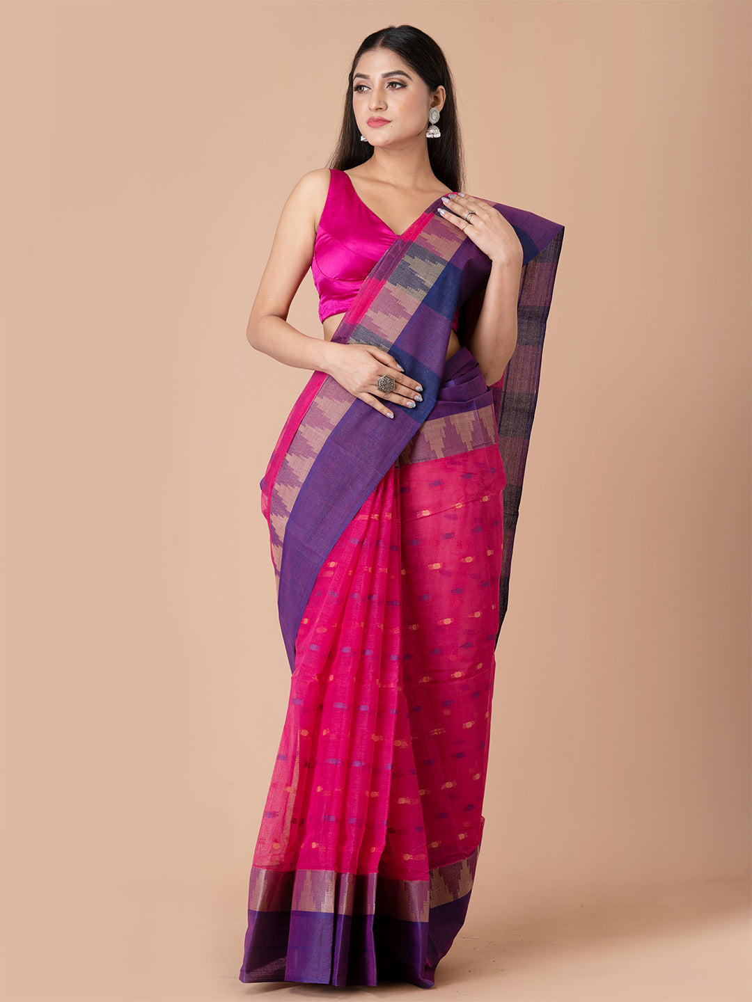 Magenta & Blue pure cotton taant saree