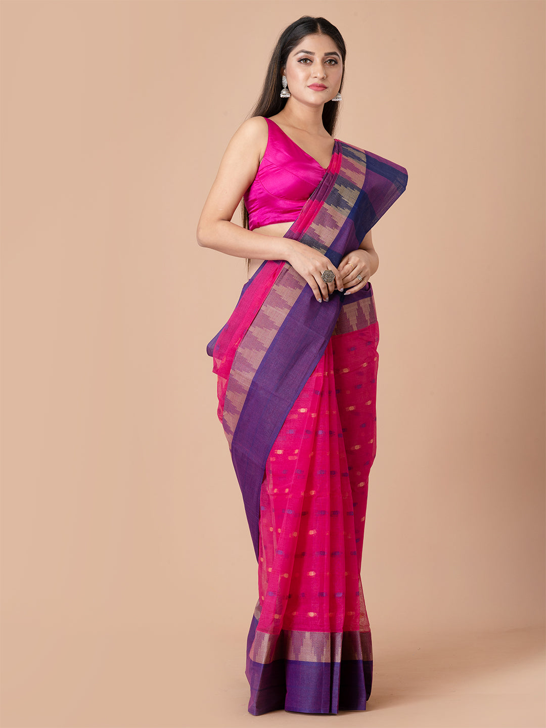 Magenta & Blue pure cotton taant saree