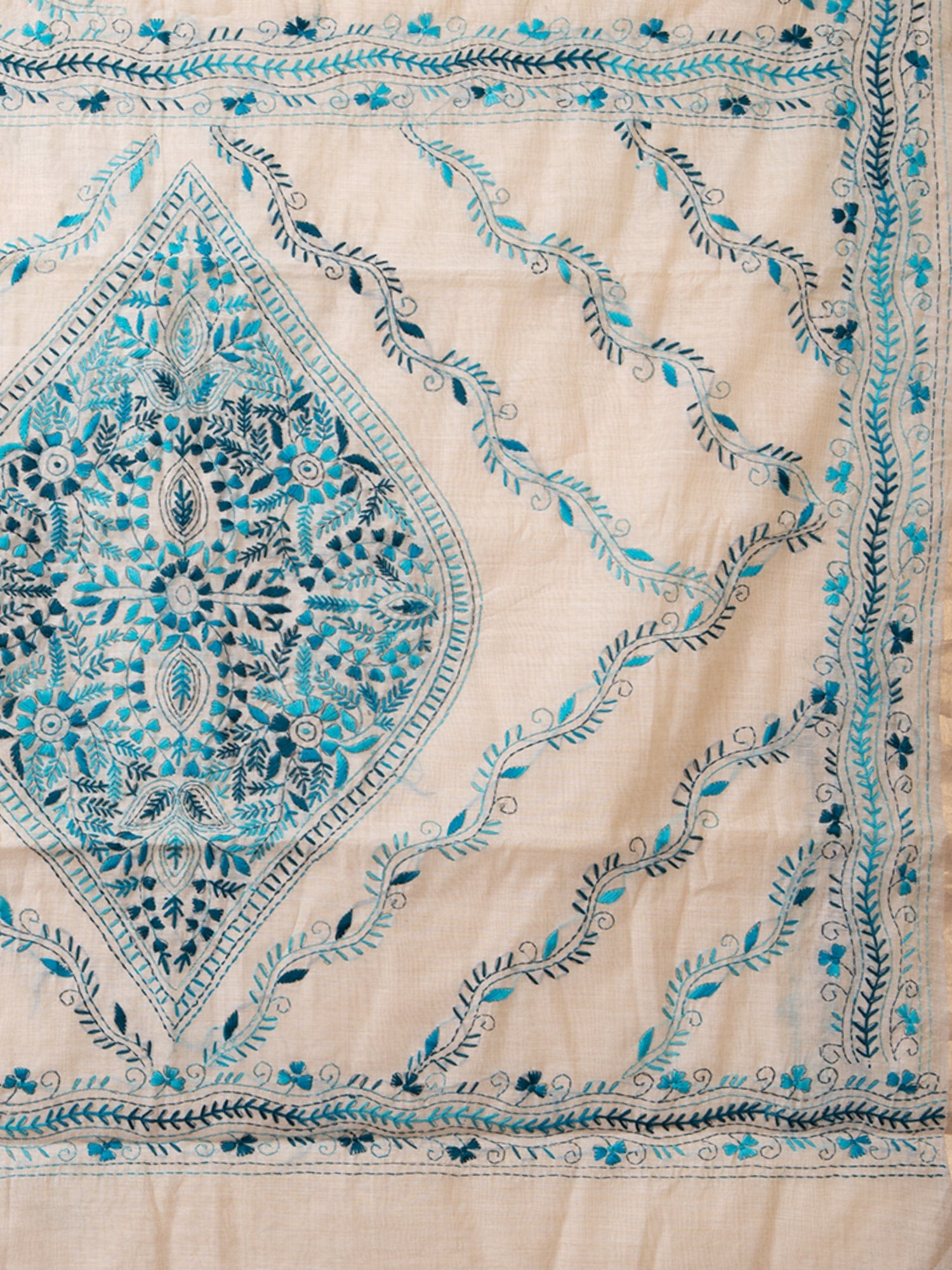 Laa Calcutta White & Sea Green Chanderi silk hand woven embroidered kantha stitch saree for women