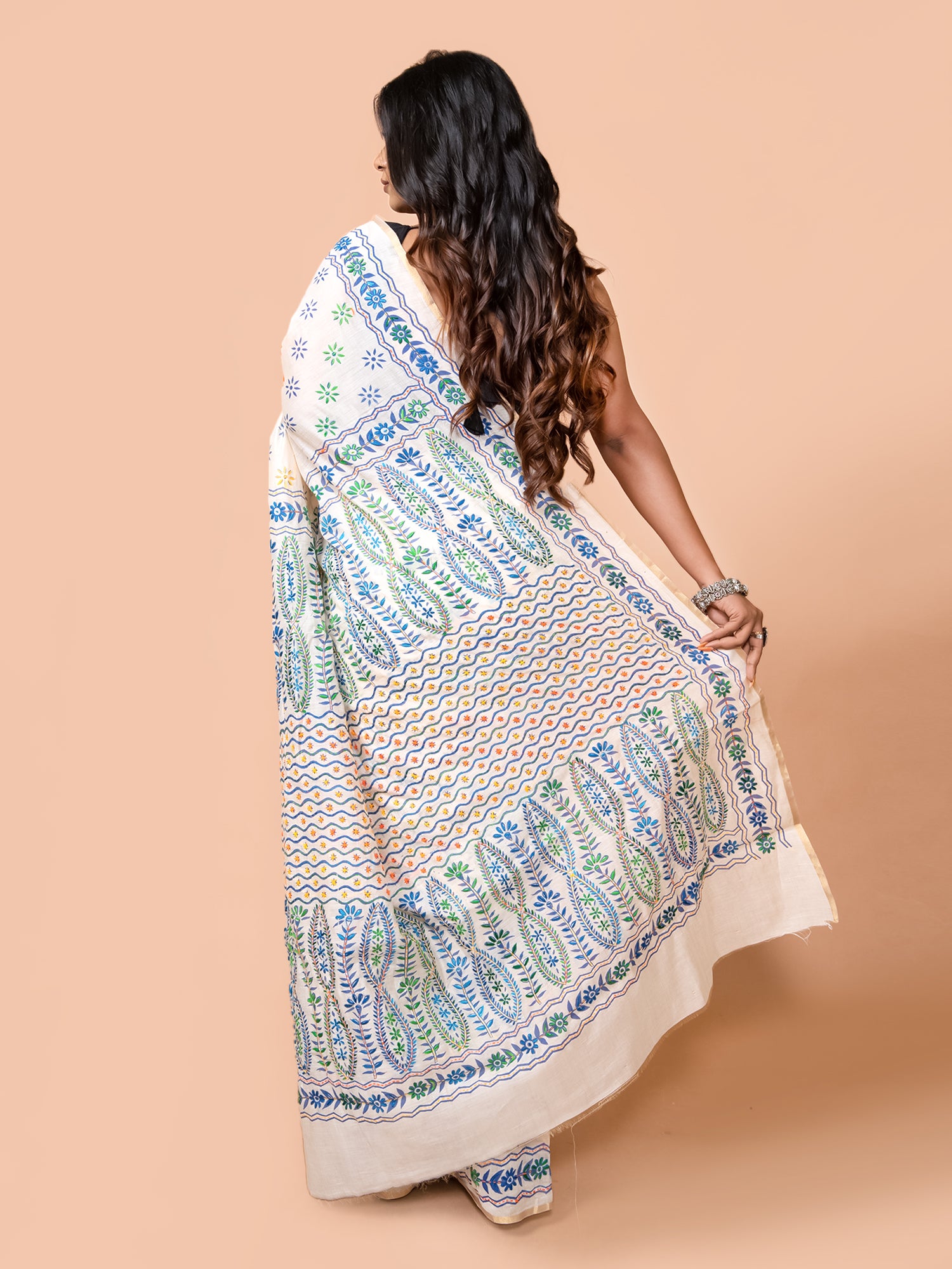 Laa Calcutta Off White & Multi Chanderi silk printed pattterns hand woven embroidered kantha stitch saree for women