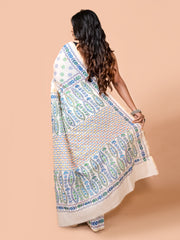 Laa Calcutta Off White & Multi Chanderi silk printed pattterns hand woven embroidered kantha stitch saree for women