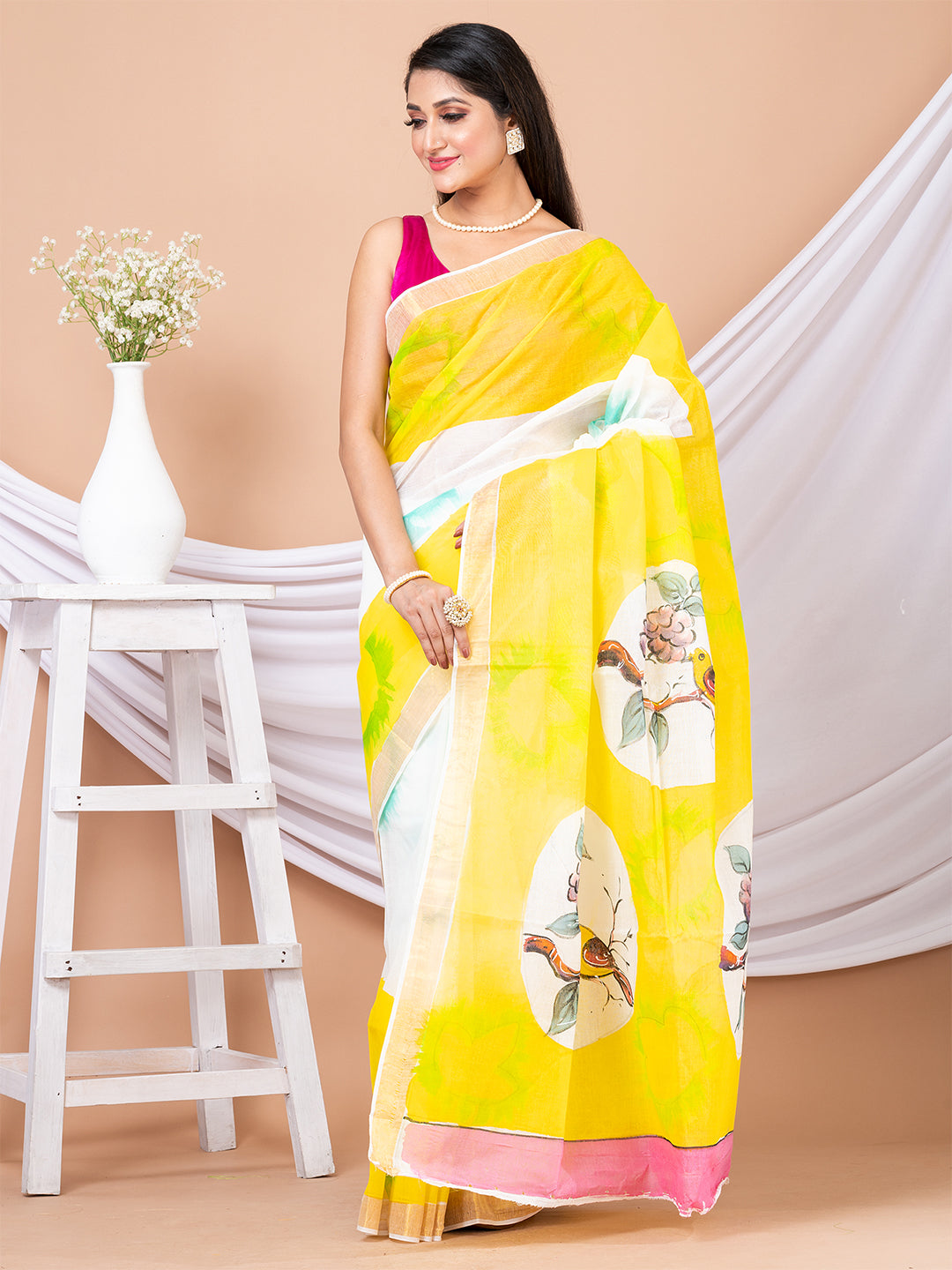 White & Yellow Hand painted Kerala cotton saree