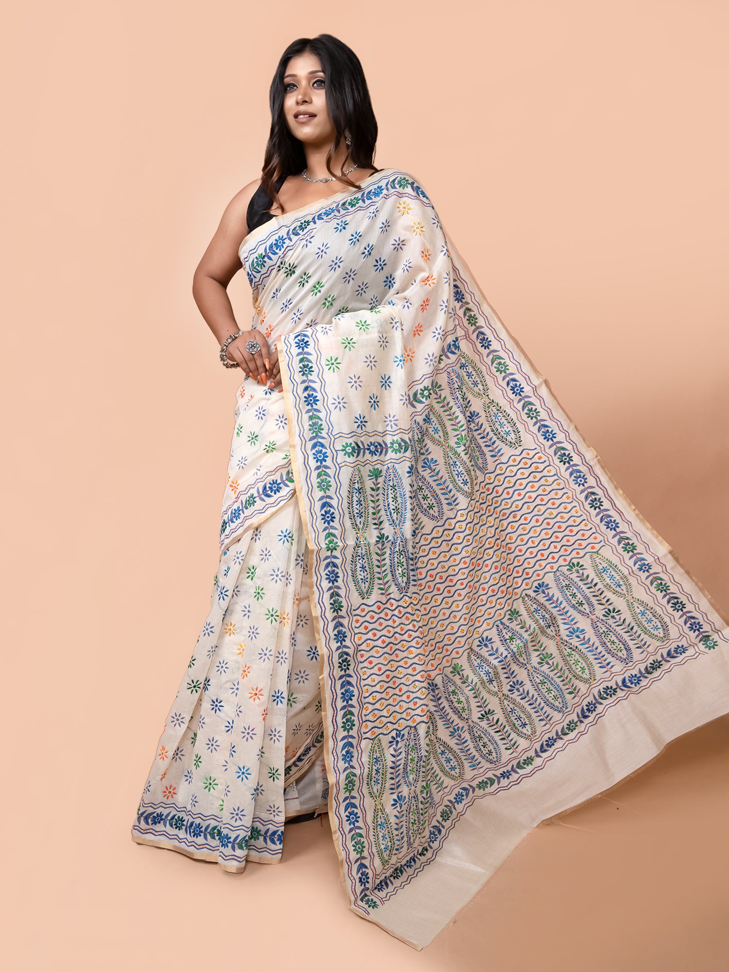 Laa Calcutta Off White & Multi Chanderi silk printed pattterns hand woven embroidered kantha stitch saree for women