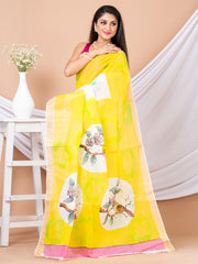 White & Yellow Hand painted Kerala cotton saree