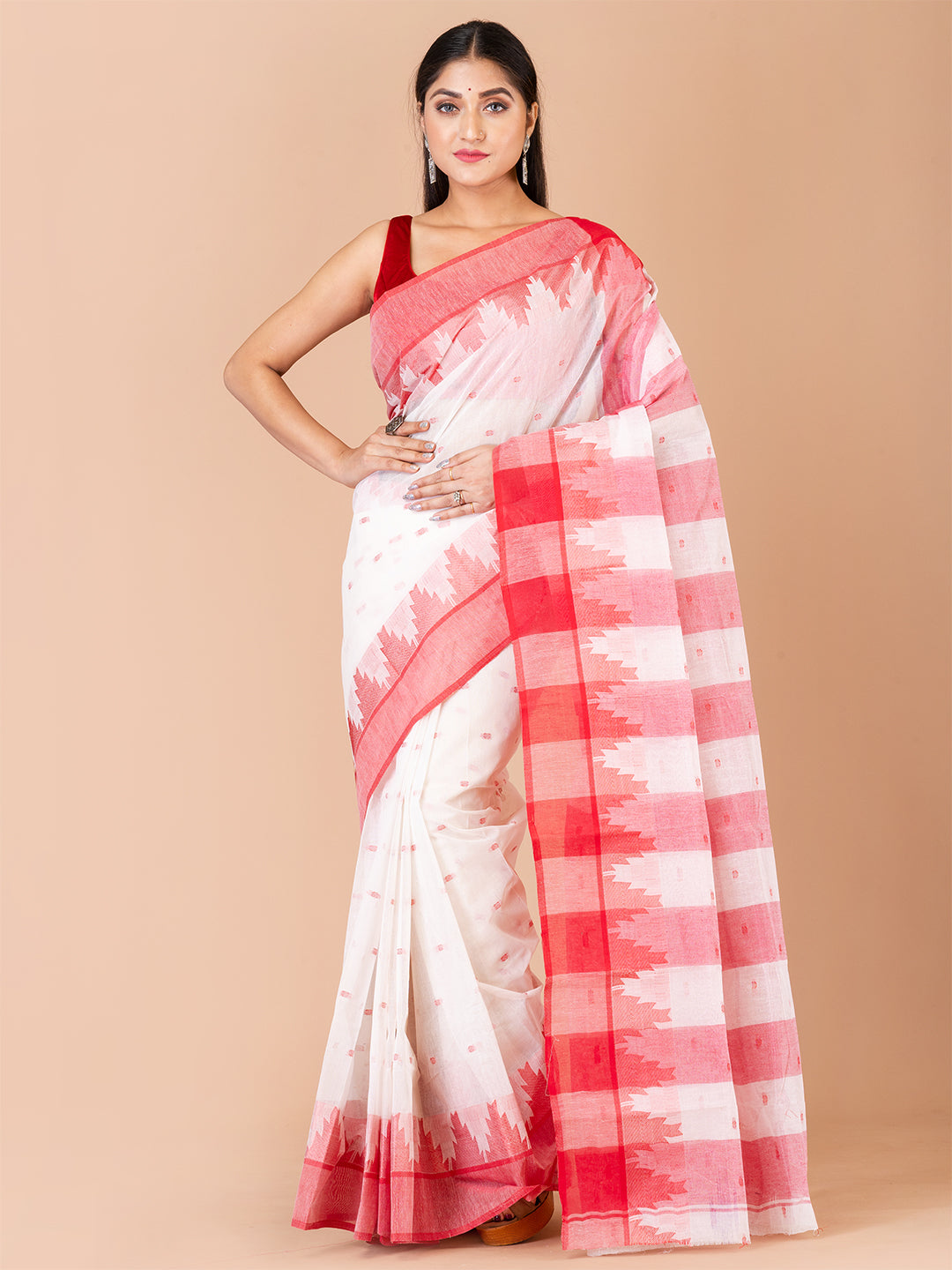 White & Red pure cotton taant saree