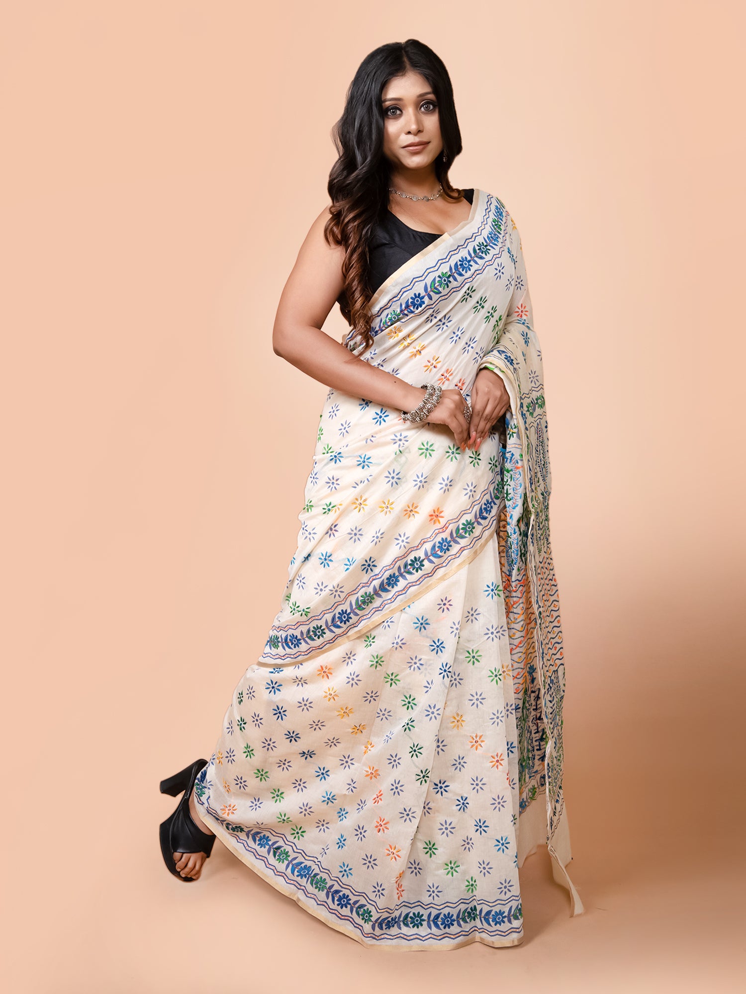 Laa Calcutta Off White & Multi Chanderi silk printed pattterns hand woven embroidered kantha stitch saree for women