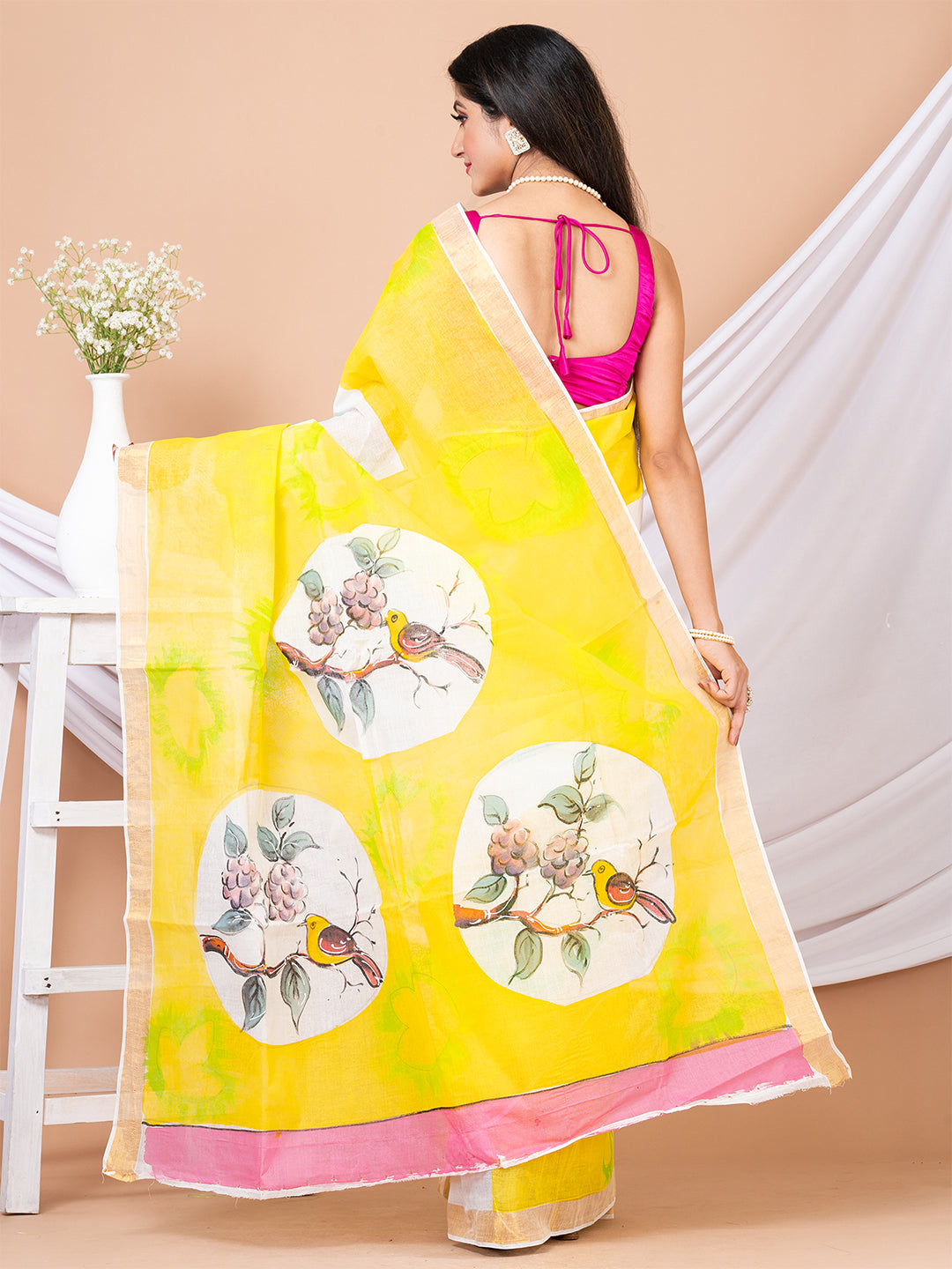 White & Yellow Hand painted Kerala cotton saree