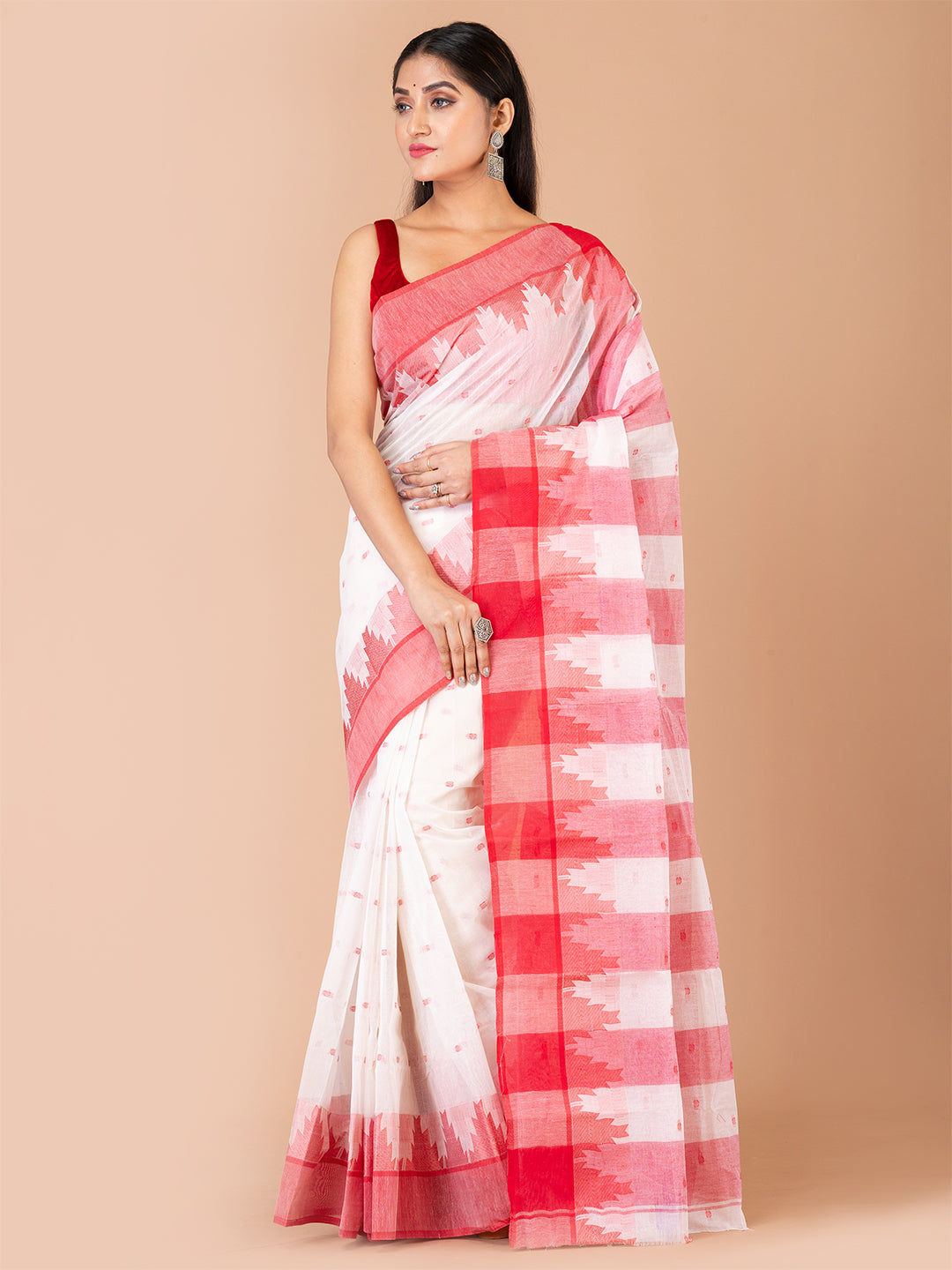 White & Red pure cotton taant saree