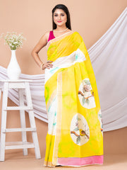 White & Yellow Hand painted Kerala cotton saree