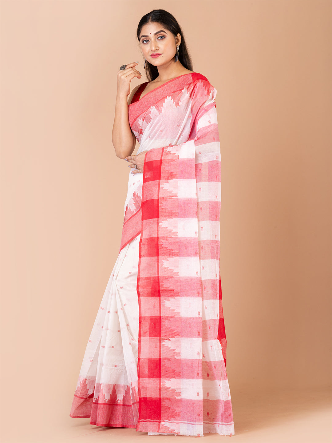 White & Red pure cotton taant saree