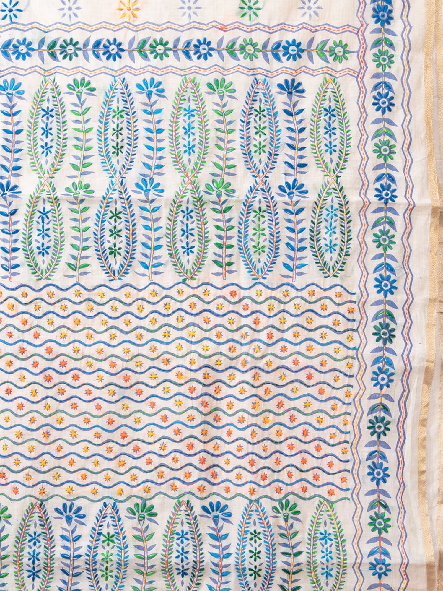 Laa Calcutta Off White & Multi Chanderi silk printed pattterns hand woven embroidered kantha stitch saree for women