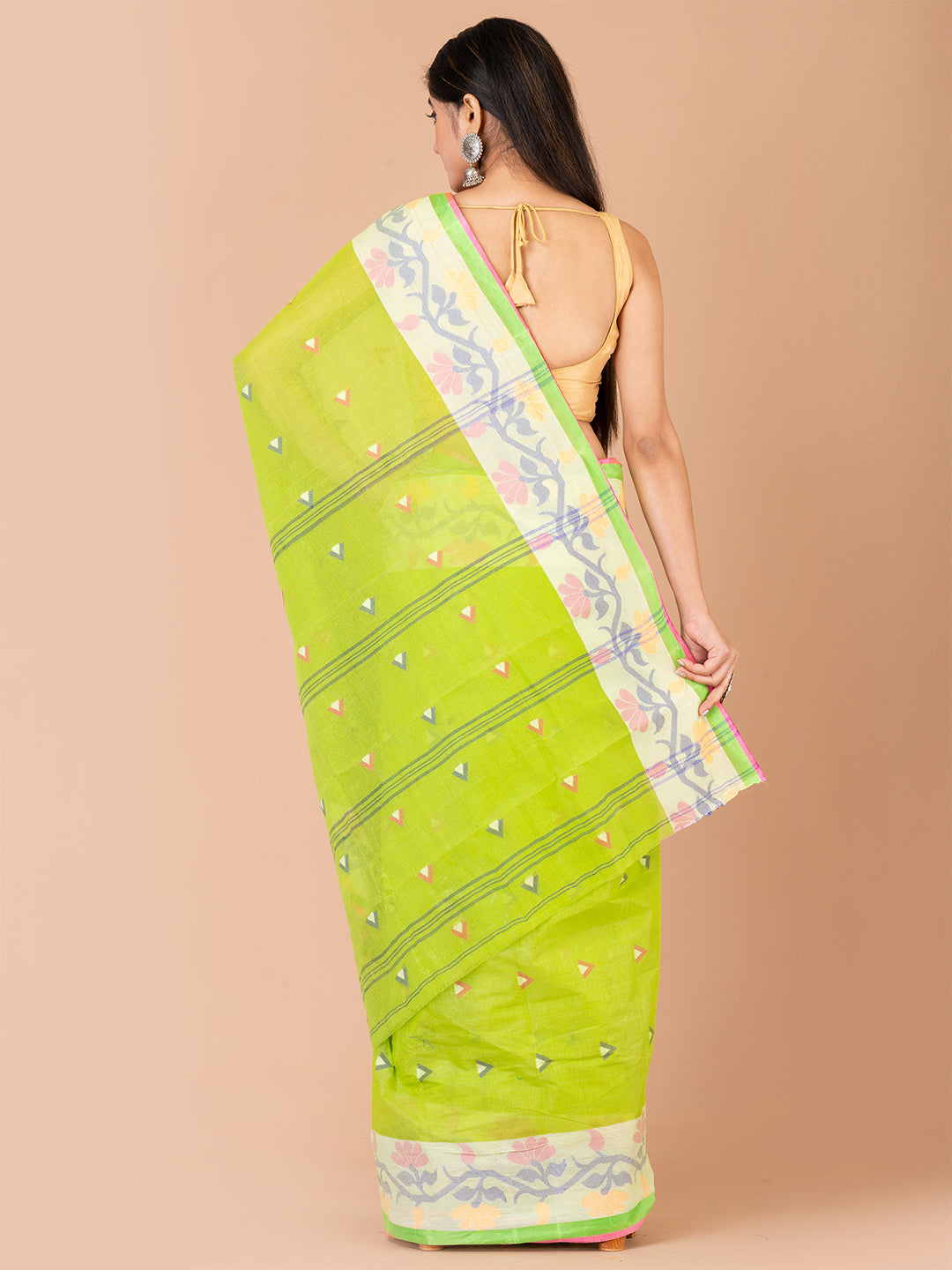 Green & Multi pure cotton taant saree