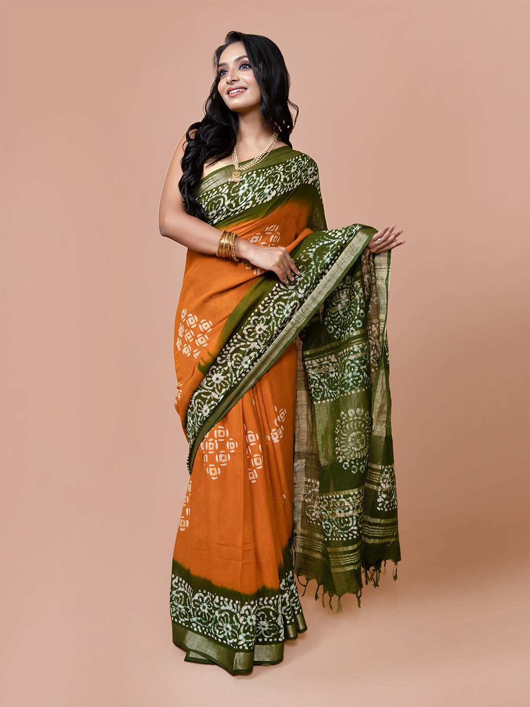 Laa Calcutta Yellow & Green batik linen saree for women