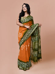 Laa Calcutta Yellow & Green batik linen saree for women