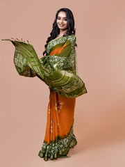 Laa Calcutta Yellow & Green batik linen saree for women