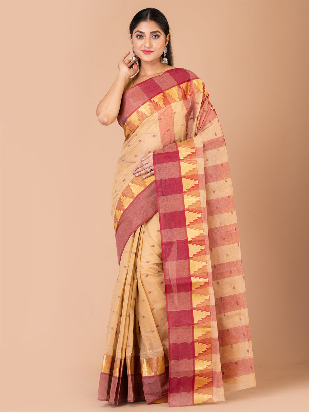 Beige & Red pure cotton taant saree