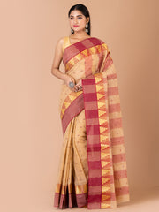 Beige & Red pure cotton taant saree