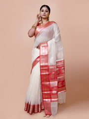 Laa Calcutta White & Red kota Paisley motifs zari par silk saree for women