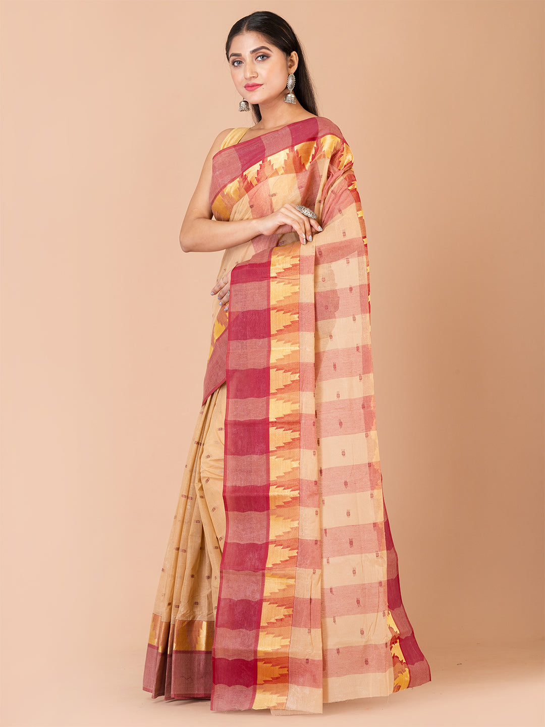 Beige & Red pure cotton taant saree