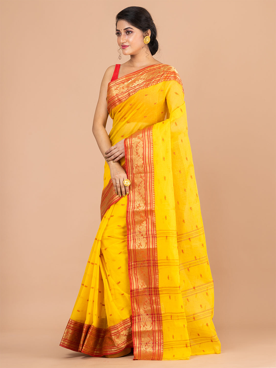 Yellow & Red pure cotton woven design taant saree