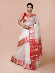 Laa Calcutta White & Red kota Paisley motifs zari par silk saree for women