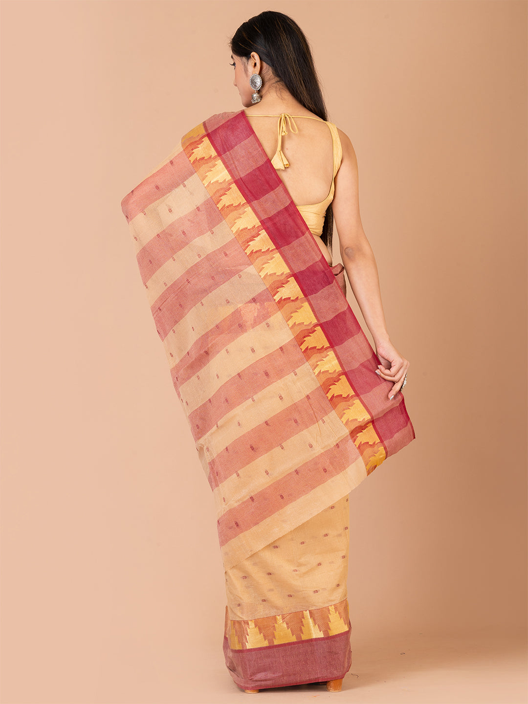 Beige & Red pure cotton taant saree