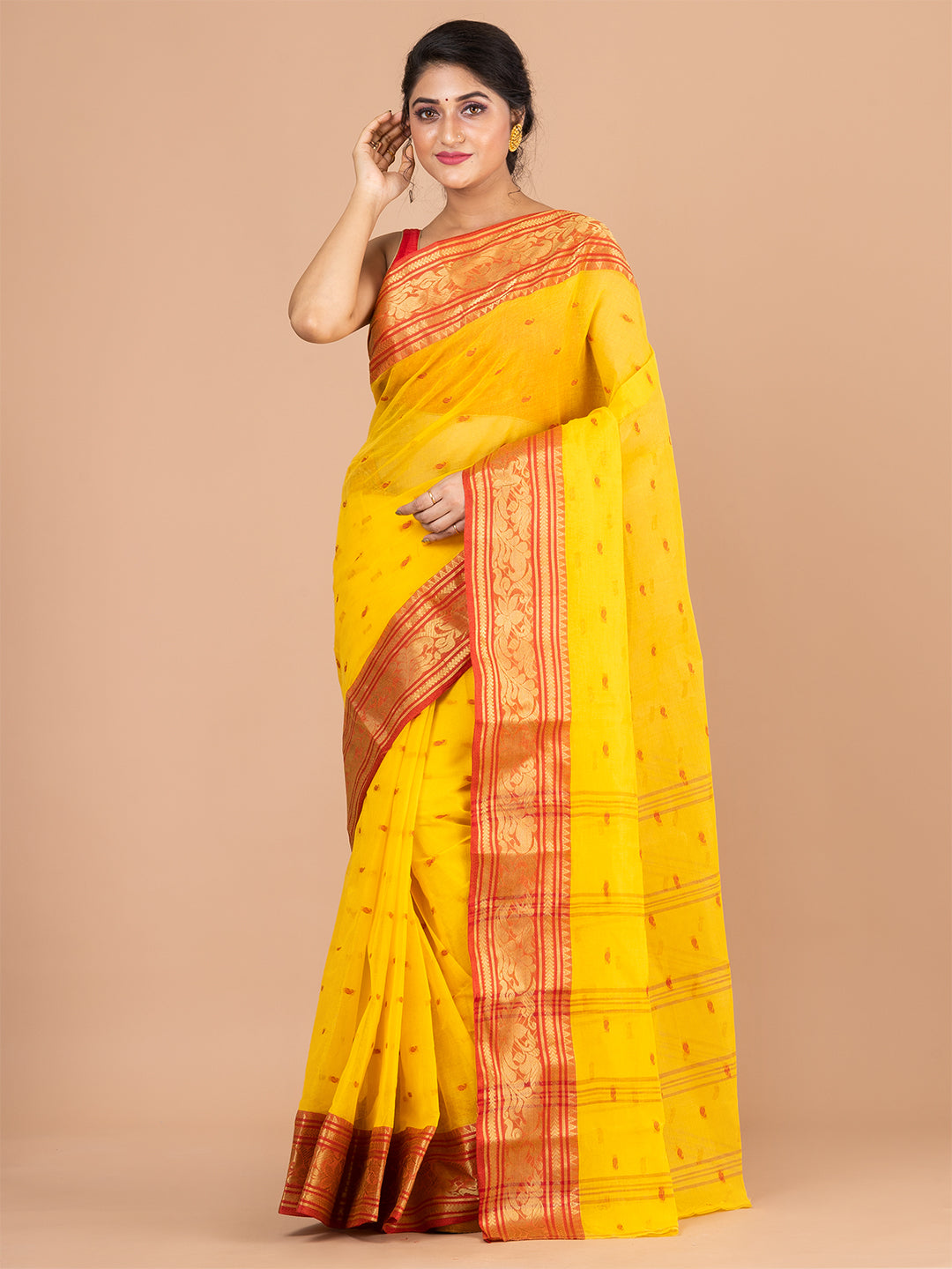 Yellow & Red pure cotton woven design taant saree