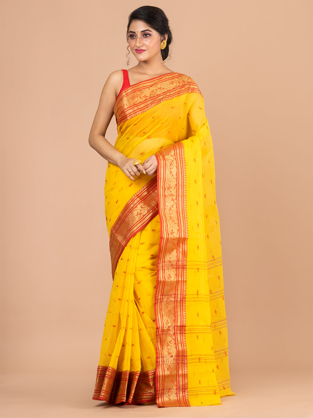 Yellow & Red pure cotton woven design taant saree