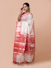 Laa Calcutta White & Red kota Paisley motifs zari par silk saree for women