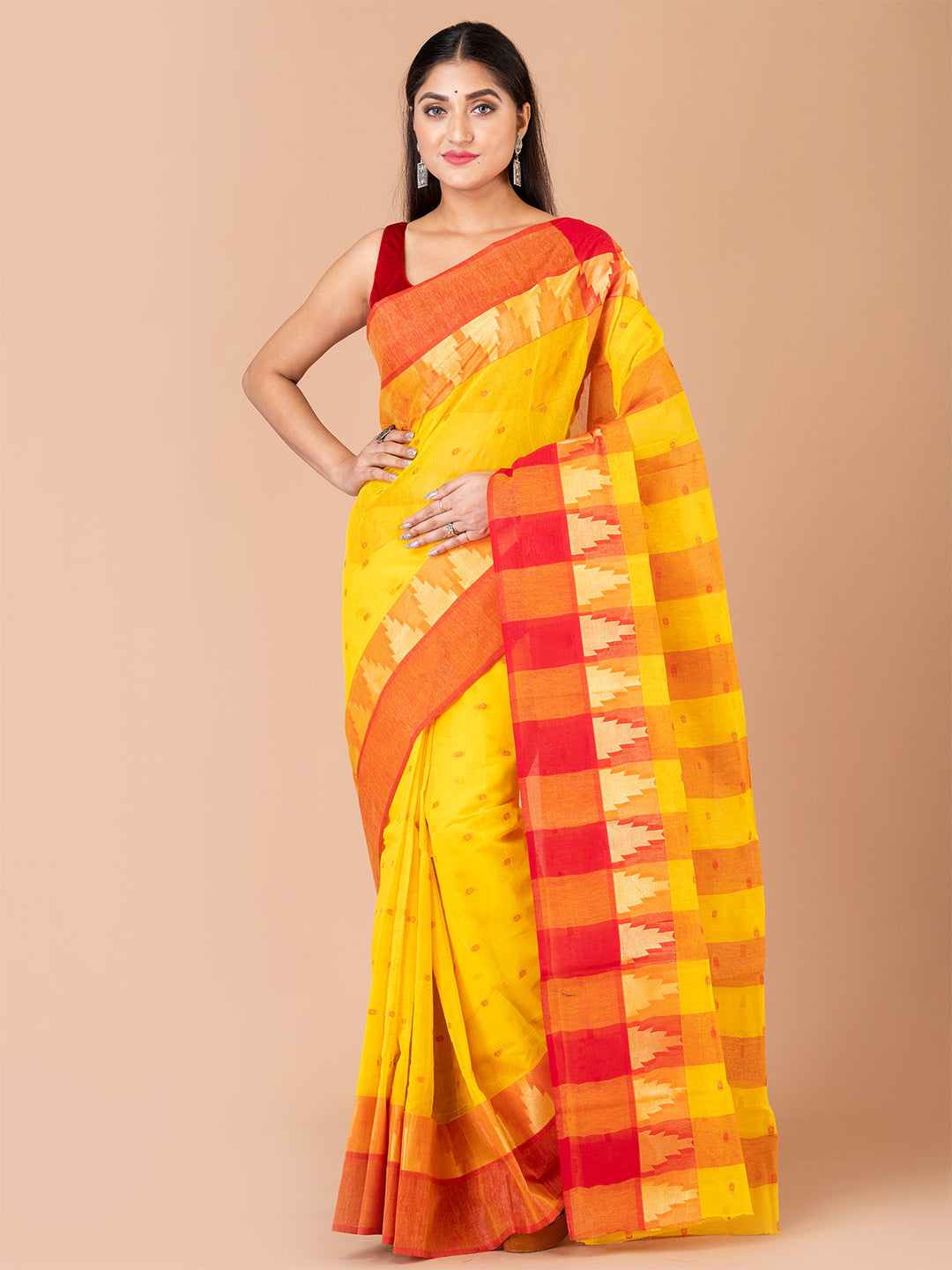 Yellow & Red pure cotton Bengal Taant