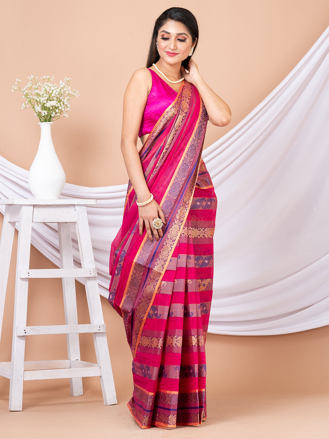 Pink & Blue pure cotton woven design taant saree