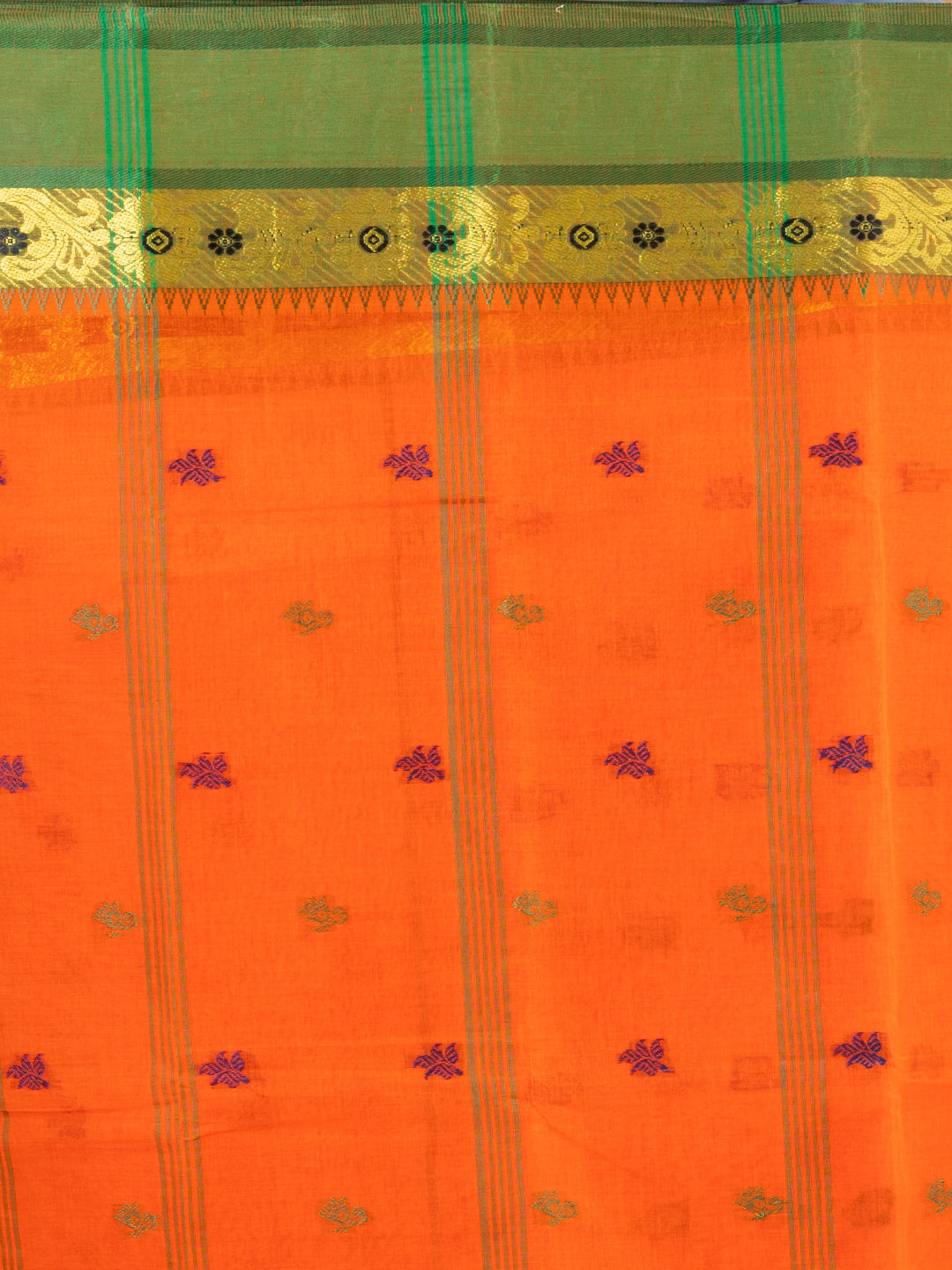 Orange & Green pure cotton taant saree