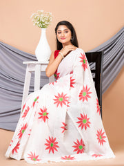 Laa Calcutta White & Red Pure cotton Sunflower design Handloom Saree