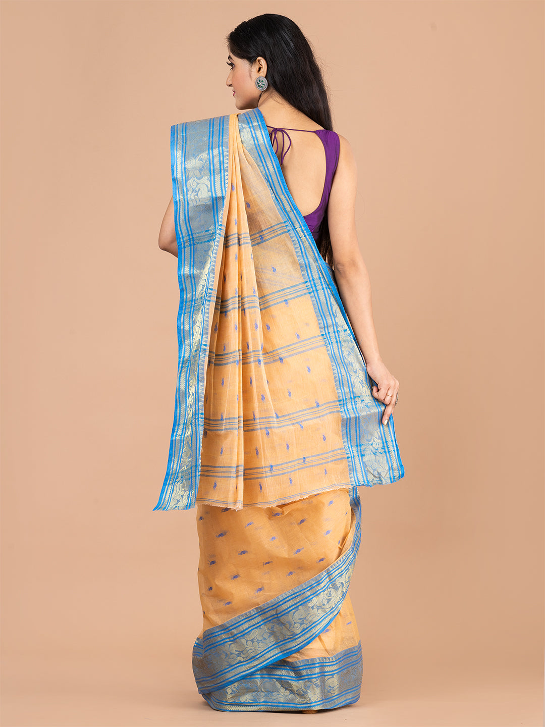 Beige & Blue pure cotton woven design taant saree