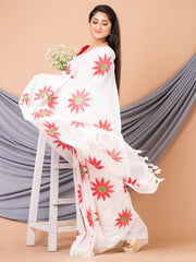 Laa Calcutta White & Red Pure cotton Sunflower design Handloom Saree