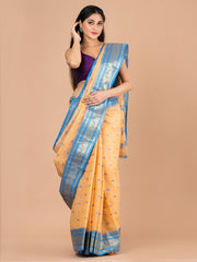 Beige & Blue pure cotton woven design taant saree