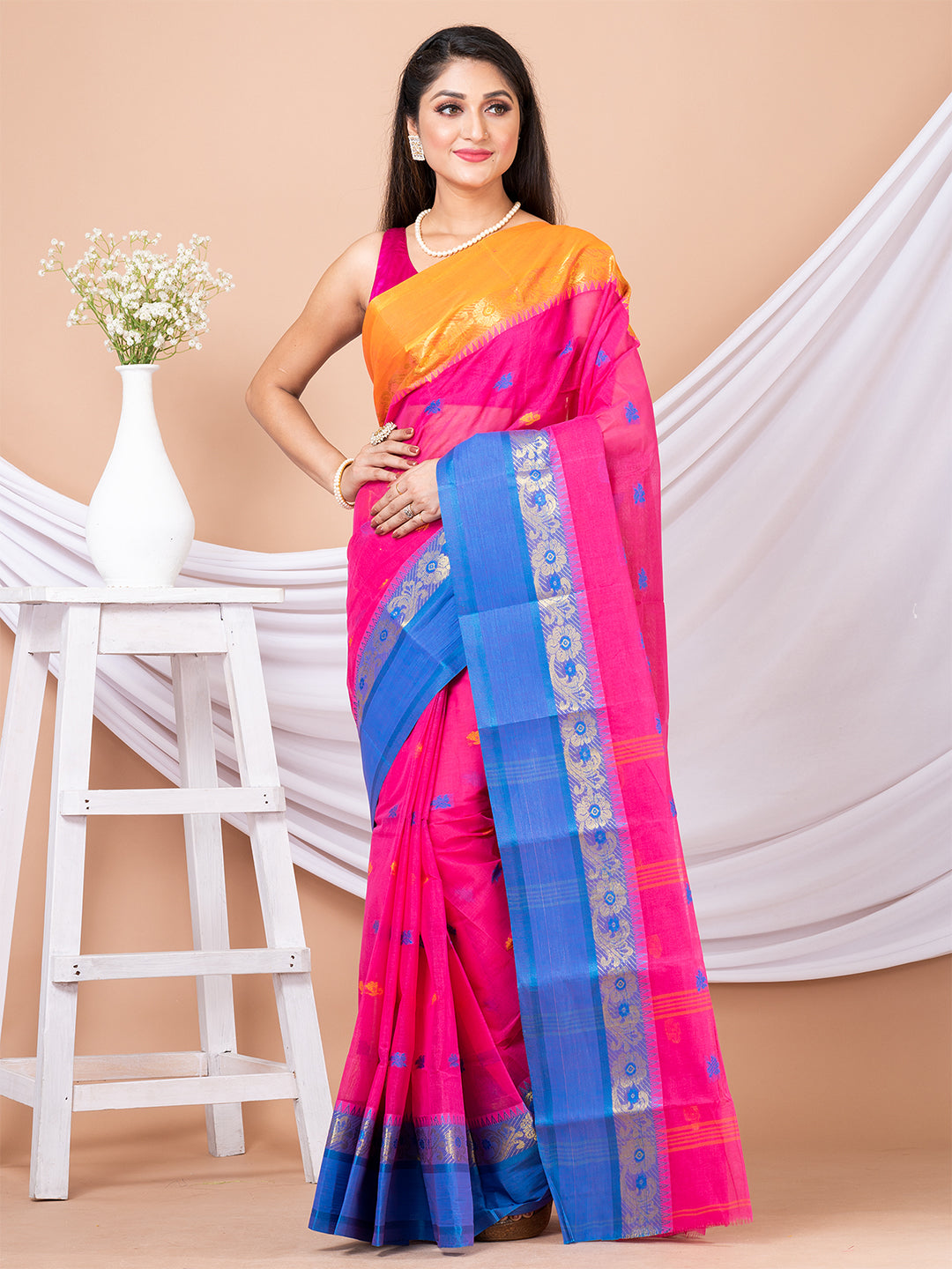 Pink & Multi pure Floral woven design cotton taant saree