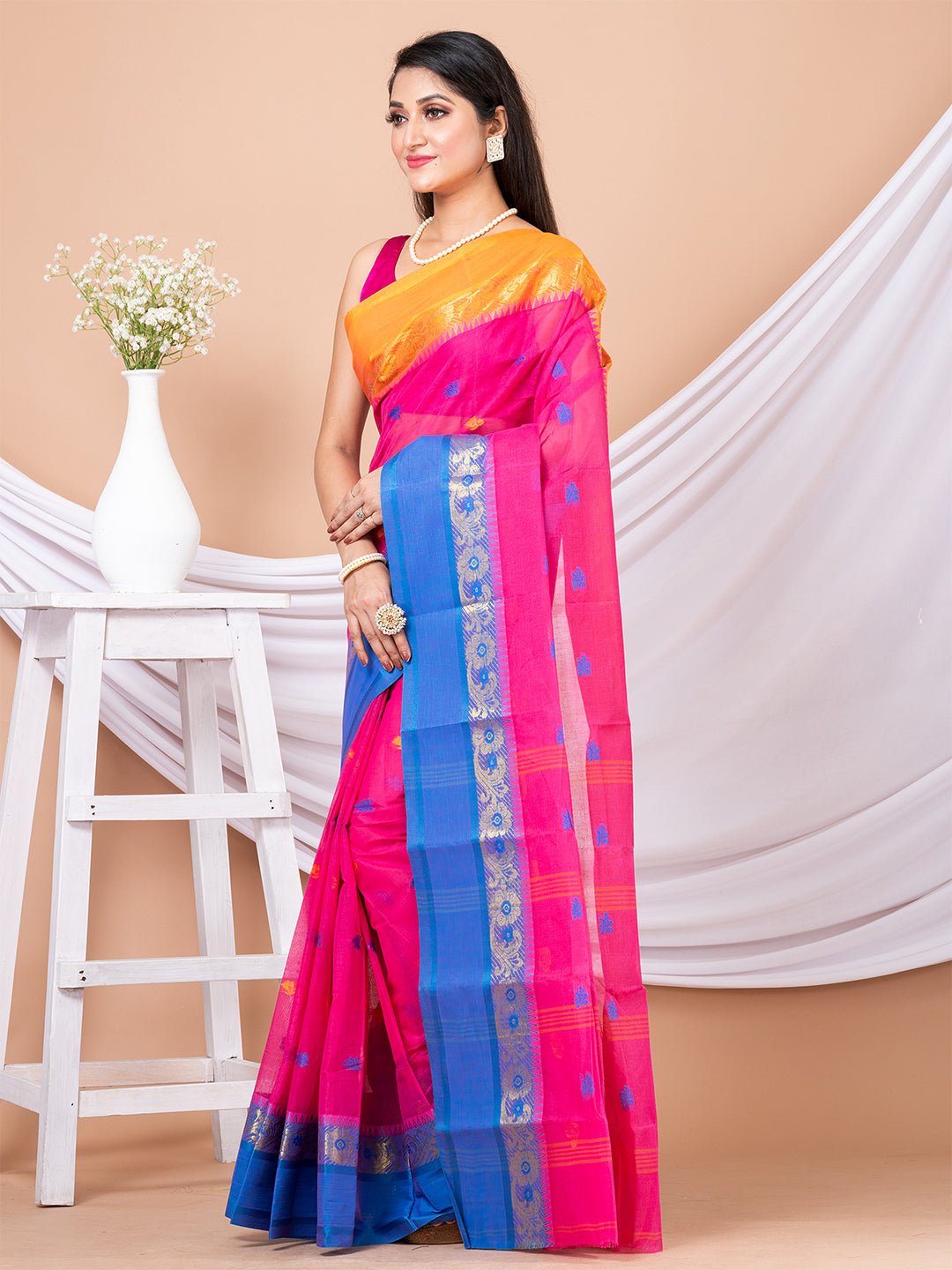 Pink & Multi pure Floral woven design cotton taant saree