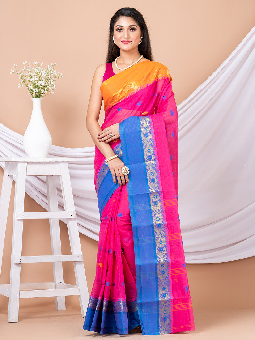 Pink & Multi pure Floral woven design cotton taant saree