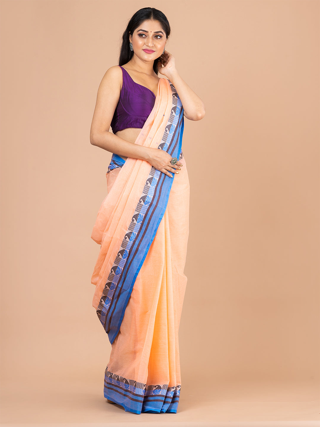 Beige & Blue pure cotton woven design taant saree