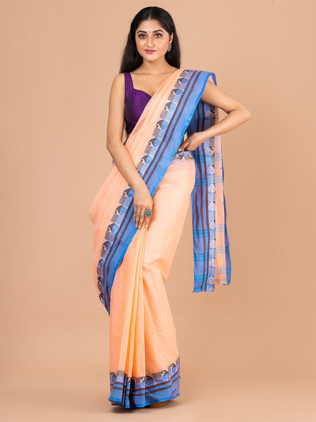 Beige & Blue pure cotton woven design taant saree