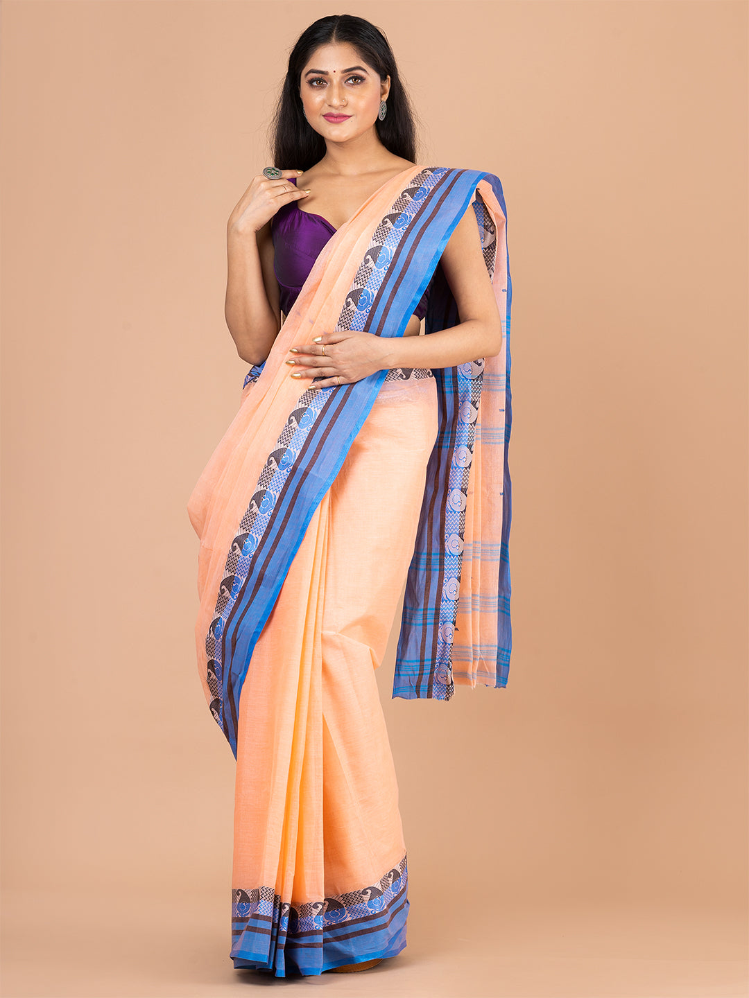 Beige & Blue pure cotton woven design taant saree