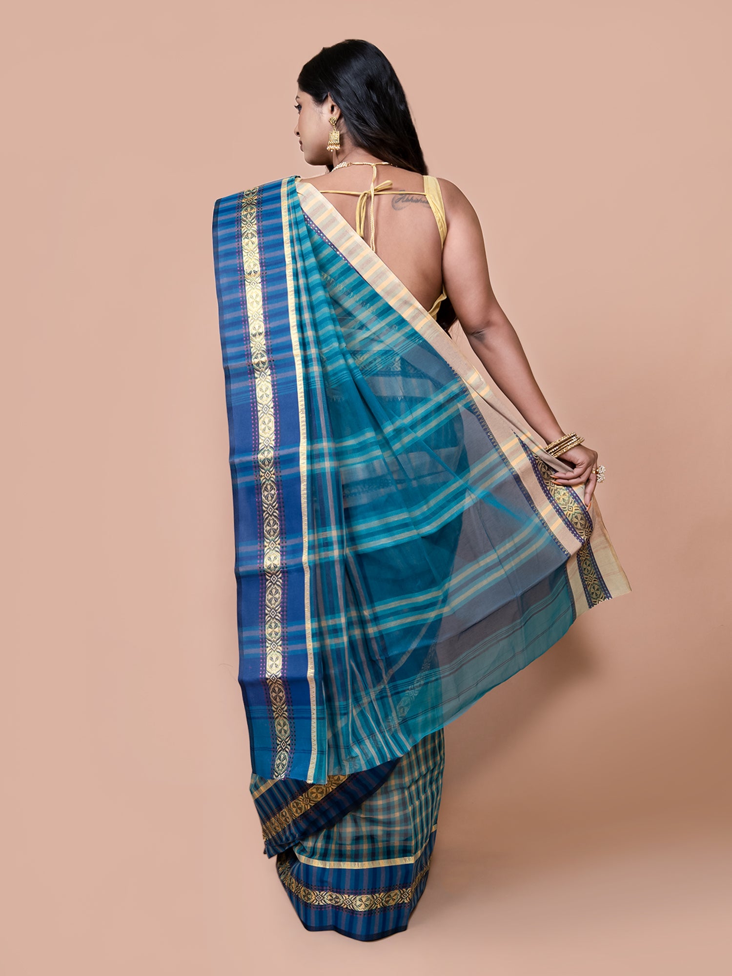 Laa Calcutta Green & Blue pure cotton stripe and checked design taant saree for women