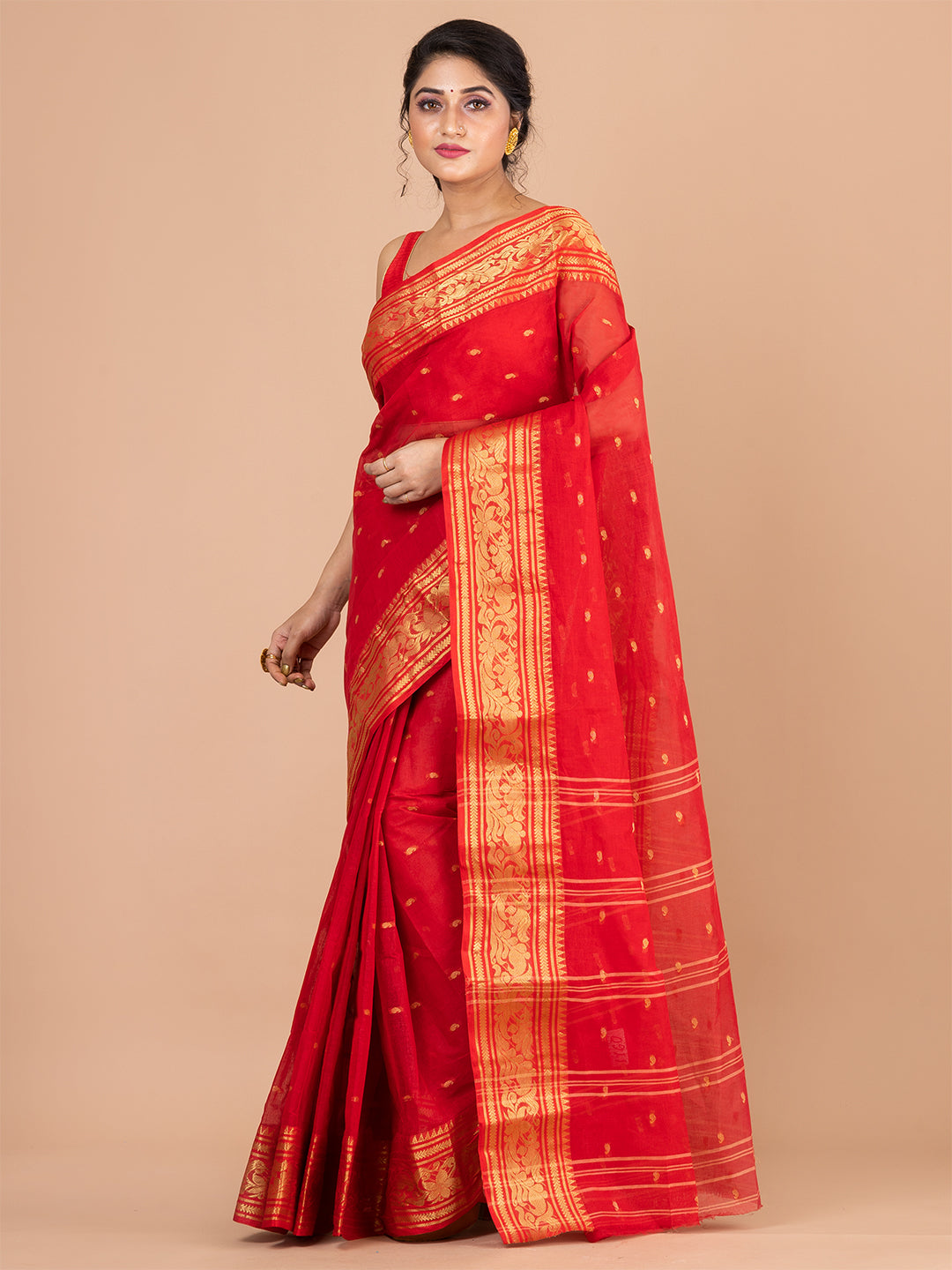 Red & Golden pure cotton woven design taant saree