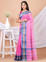 Pink & Blue Floral woven design pure cotton taant saree